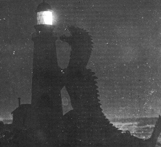 The Beast from 20,000 Fathoms attacks a light house.