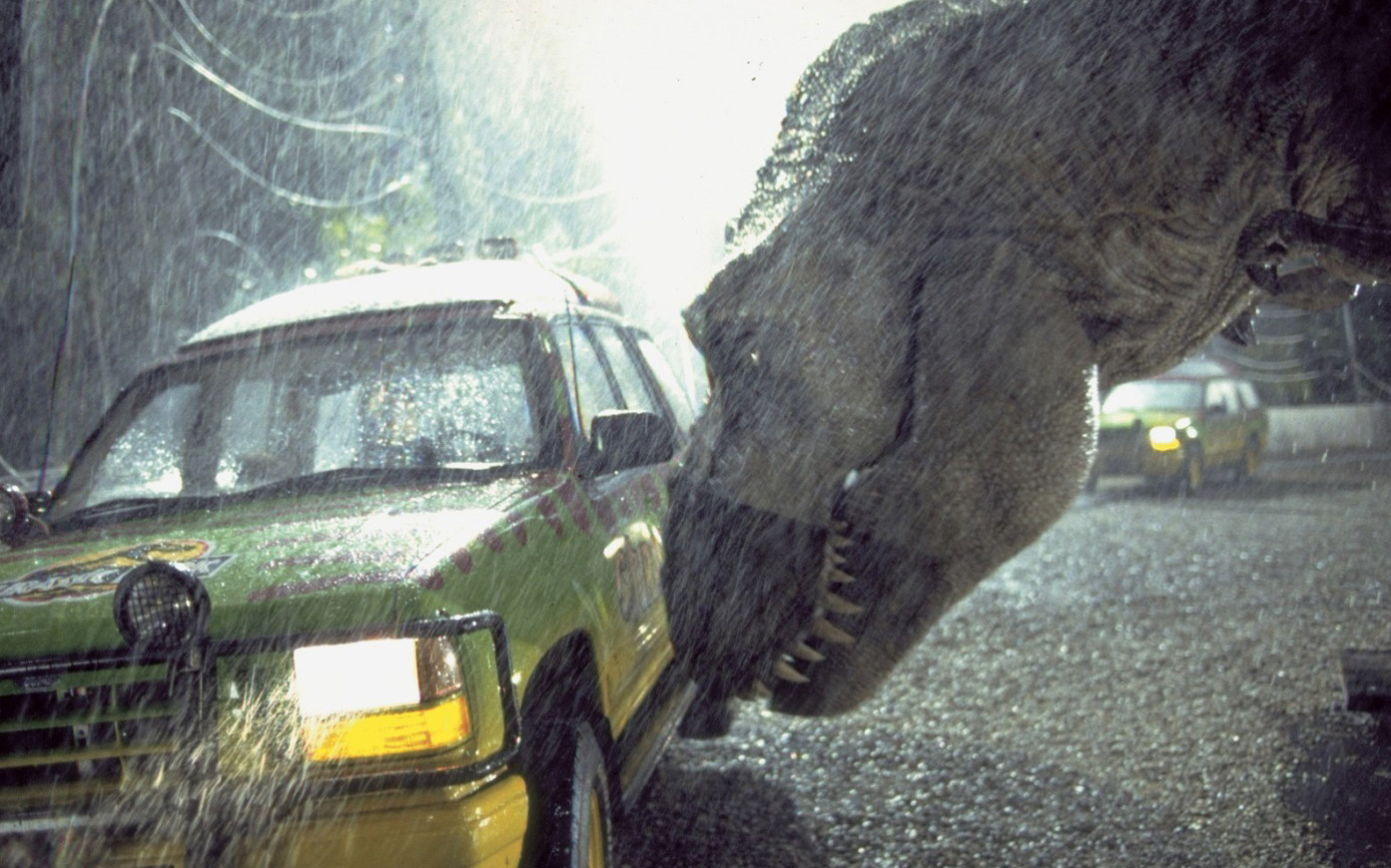 The live-action T-Rex head was placed atop an airplane flight simulator for simple movements