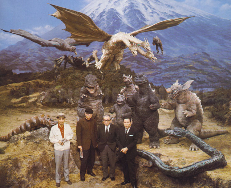 A behind-the-scenes publicity shot on the Mt Fuji set. 