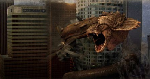 An evil serpent destroys the U.S. Bank building - the tallest in Los Angeles